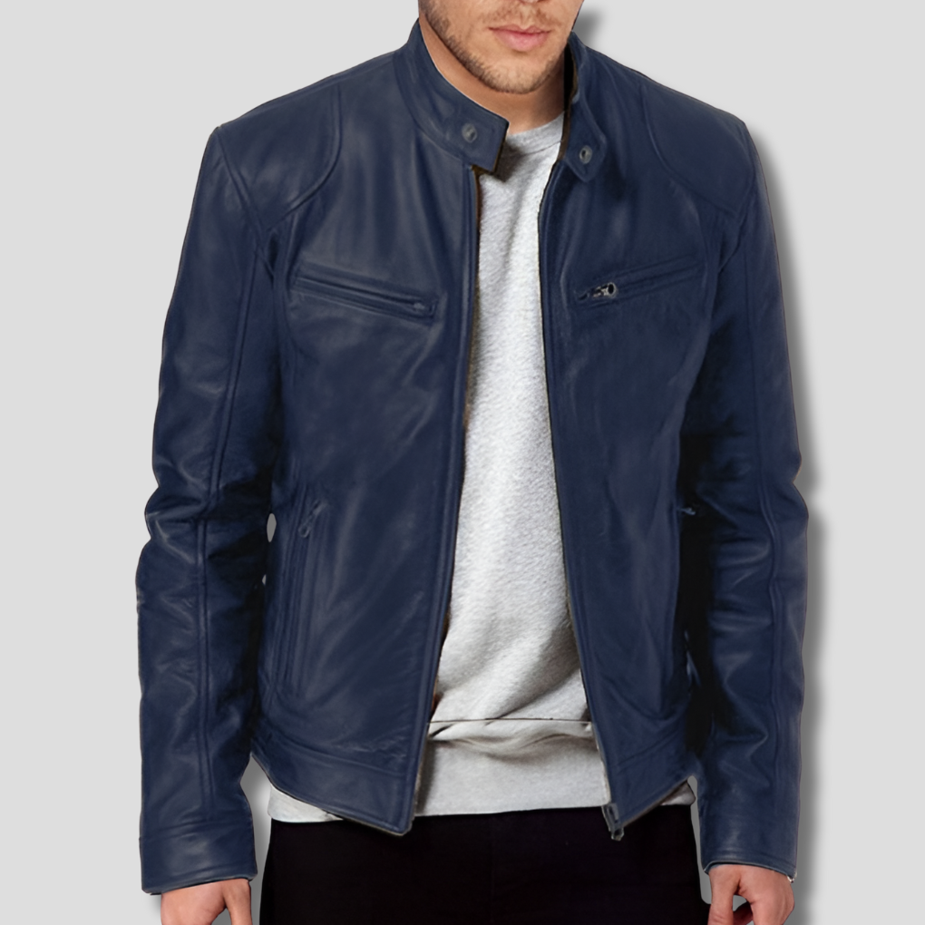 Davy | Men's Racer Leather Jacket with Zip Pockets