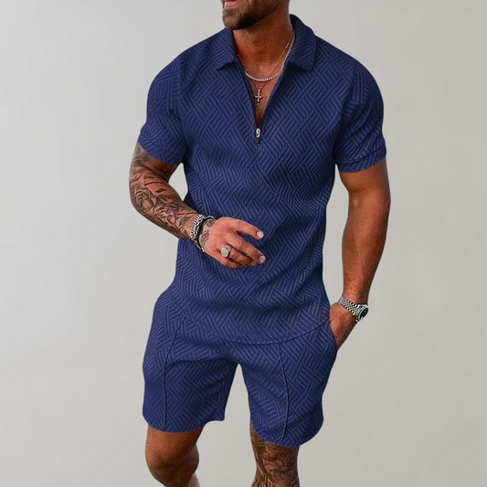Davy | Men's Zip Polo & Shorts Textured Set