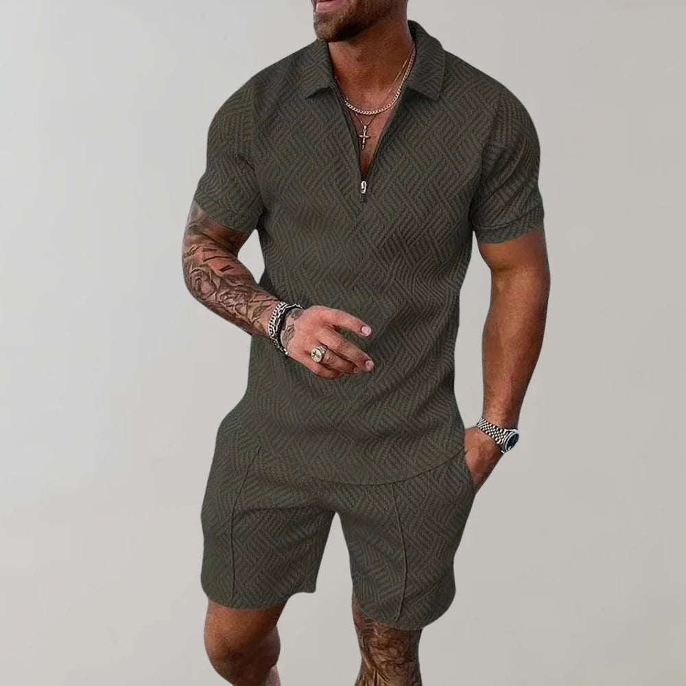Davy | Men's Zipper Polo Shirt & Shorts Set Textured