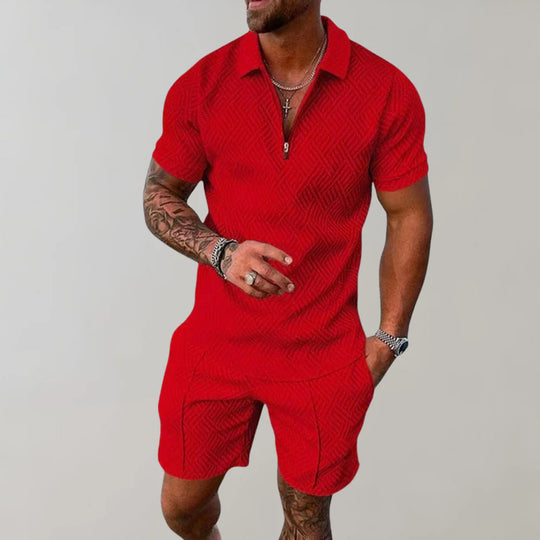 Davy | Men's Zipper Polo Shirt & Shorts Set Textured