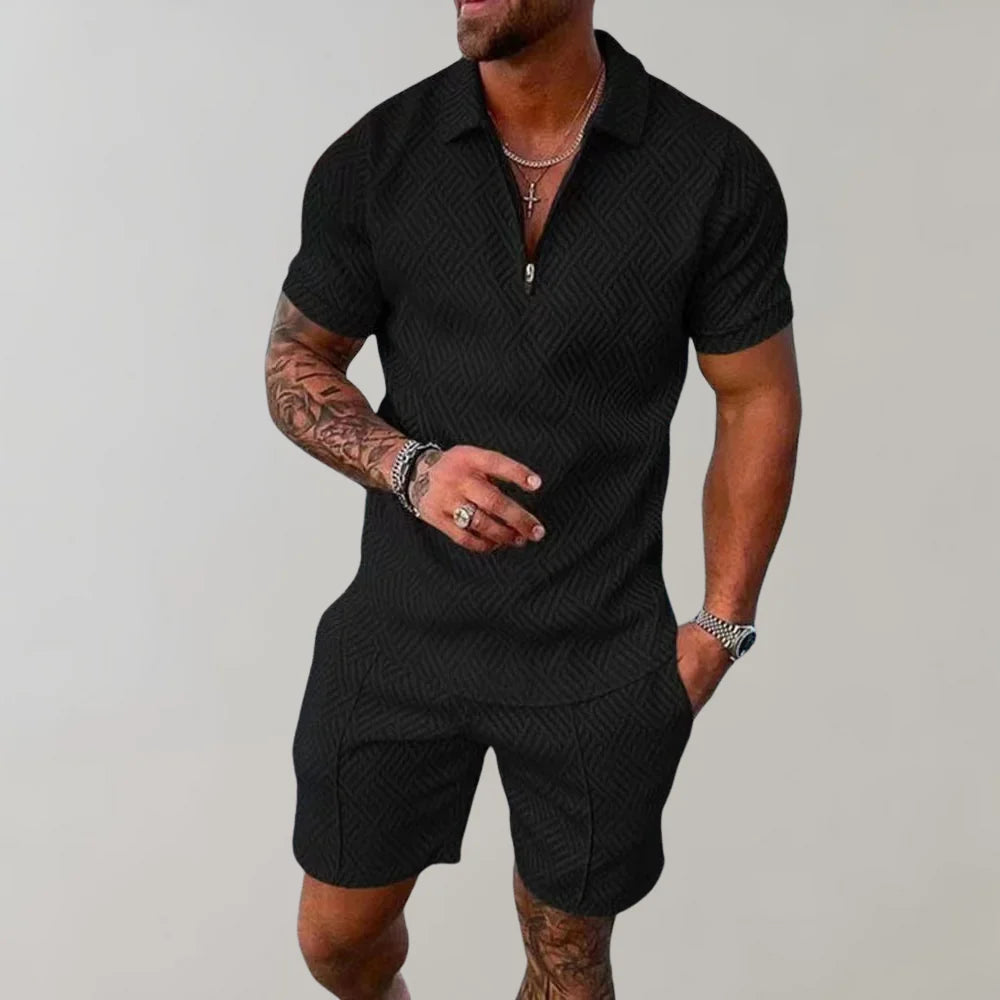 Davy | Men's Zipper Polo Shirt & Shorts Set Textured