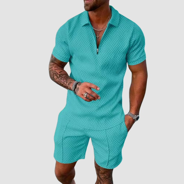 Davy | Men's Zipper Polo Shirt & Shorts Set Textured