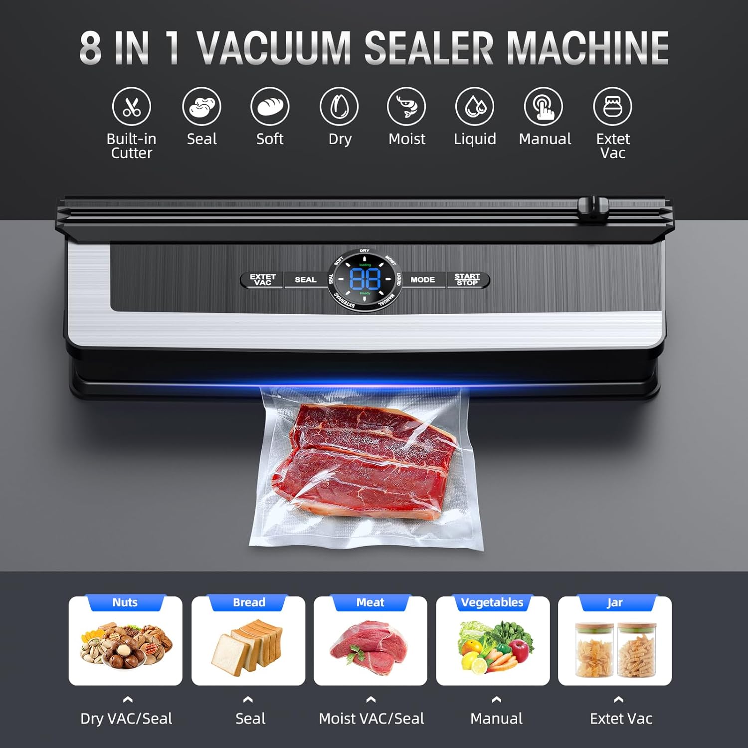 Davy | Professional 8-in-1 Vacuum Sealer | Integrated Precision Cutter | Modes for Dry & Moist Foods | Airtight LED Sealing System | Includes 15 Vacuum Bags