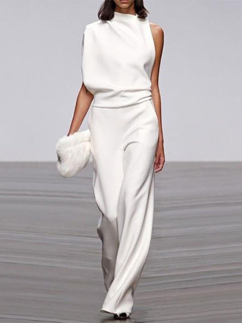Davy Women's Jumpsuit with Round Neckline, Sleeveless and Wide Leg