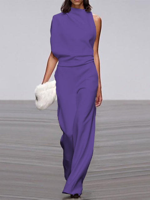 Davy Women's Jumpsuit with Round Neckline, Sleeveless and Wide Leg