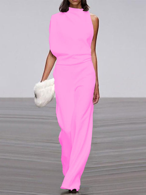 Davy Women's Jumpsuit with Round Neckline, Sleeveless and Wide Leg