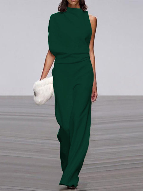 Davy Women's Jumpsuit with Round Neckline, Sleeveless and Wide Leg