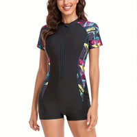 Maillot de bain une pièce actif à fermeture éclair et motif géométrique