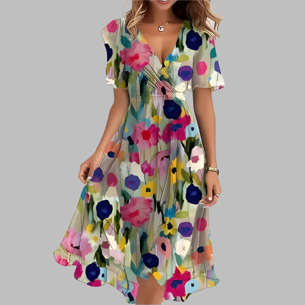 Davy | Women's V-Neck Floral Print Midi Dress