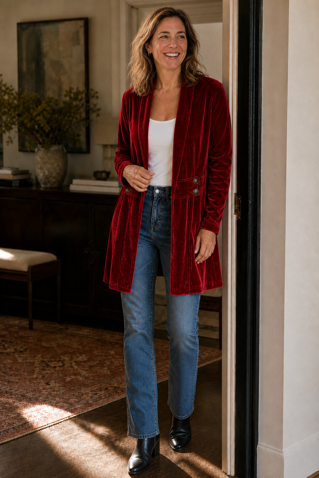 Double-Breasted Velvet-Look Cardigan