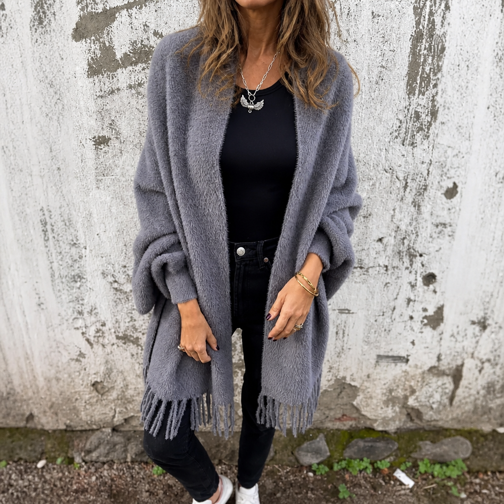 Draped Shawl Collar Open-Front Wool Coat