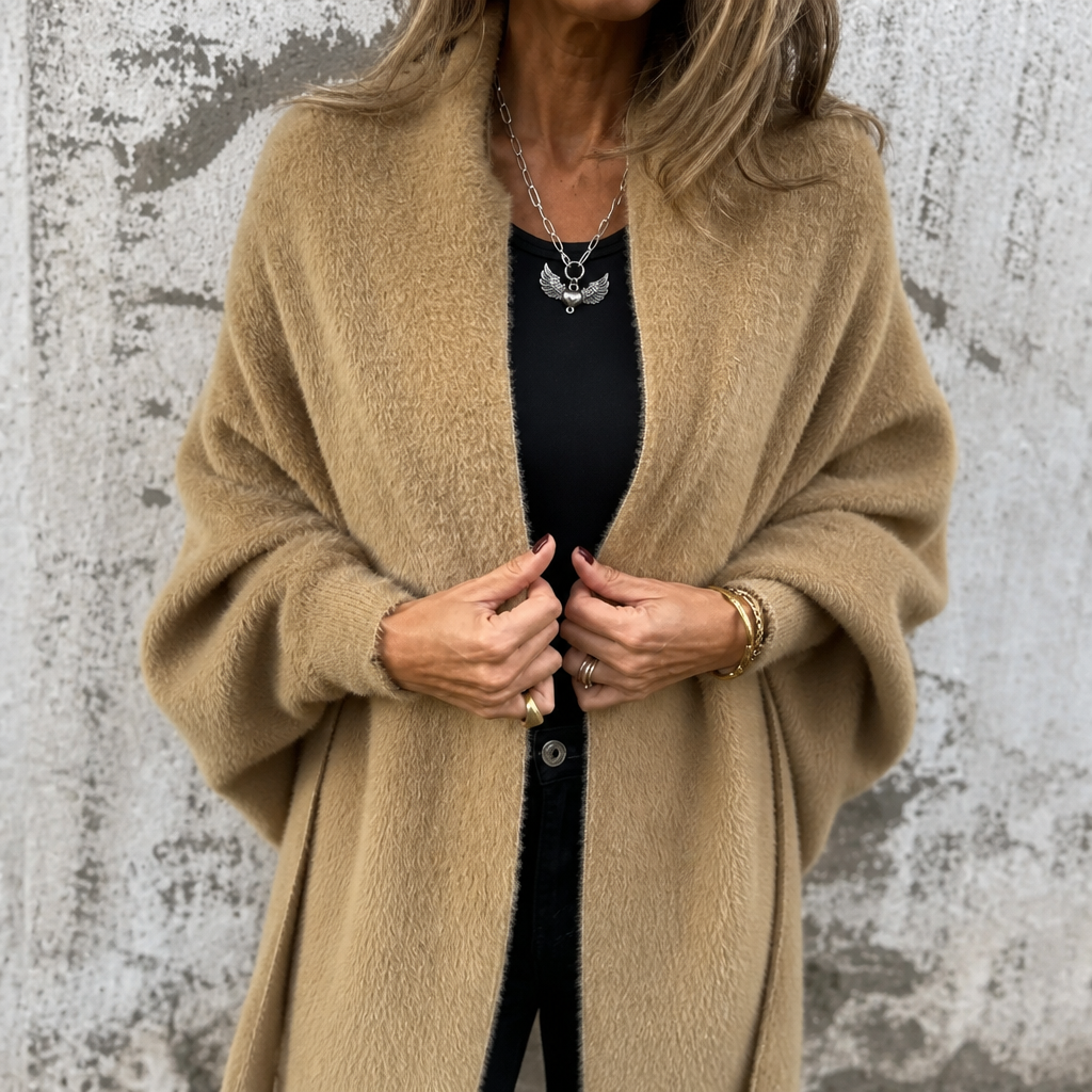 Draped Shawl Collar Open-Front Wool Coat