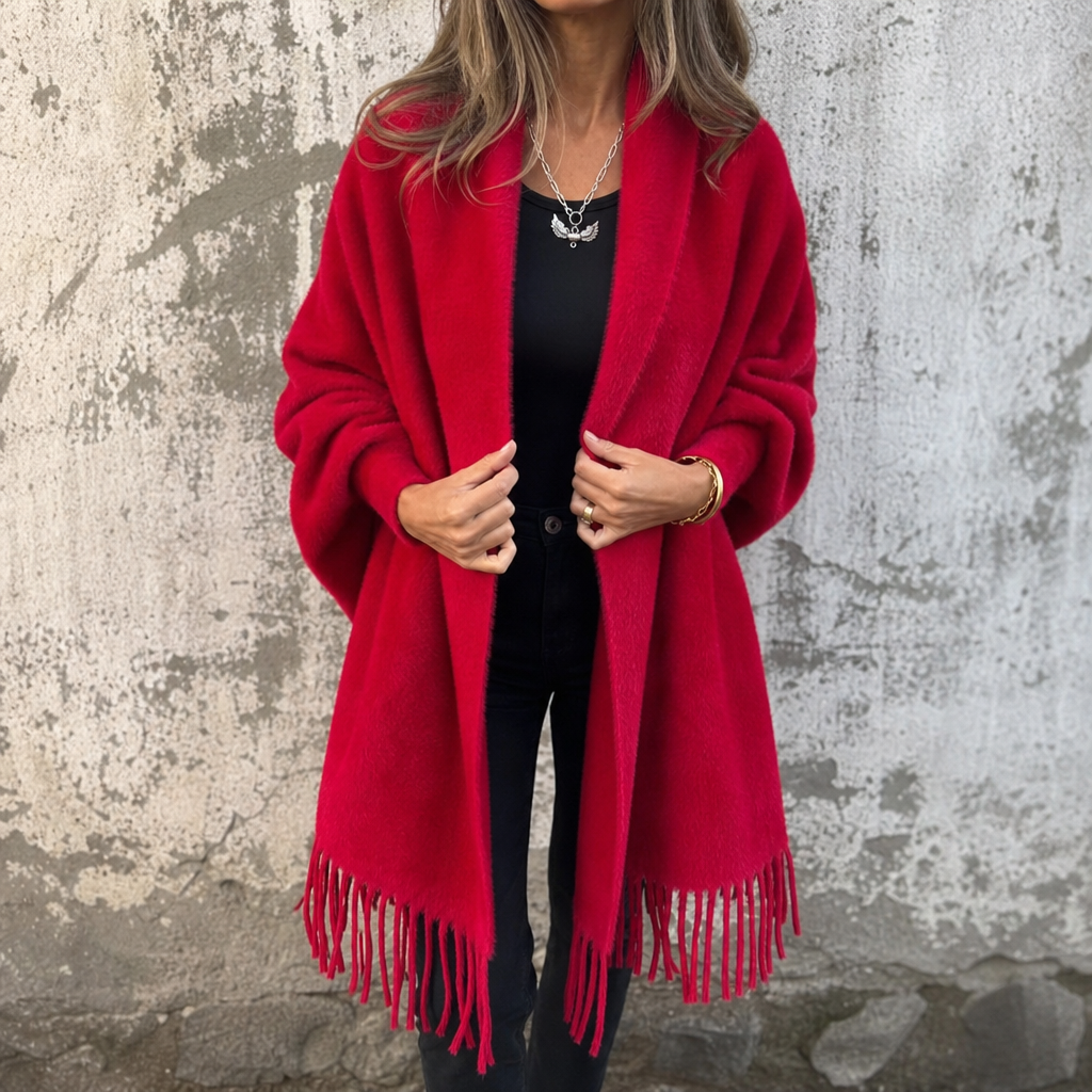 Draped Shawl Collar Open-Front Wool Coat