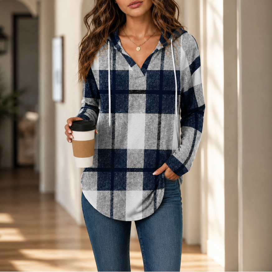 Drawstring V-Neck Hooded Plaid Top