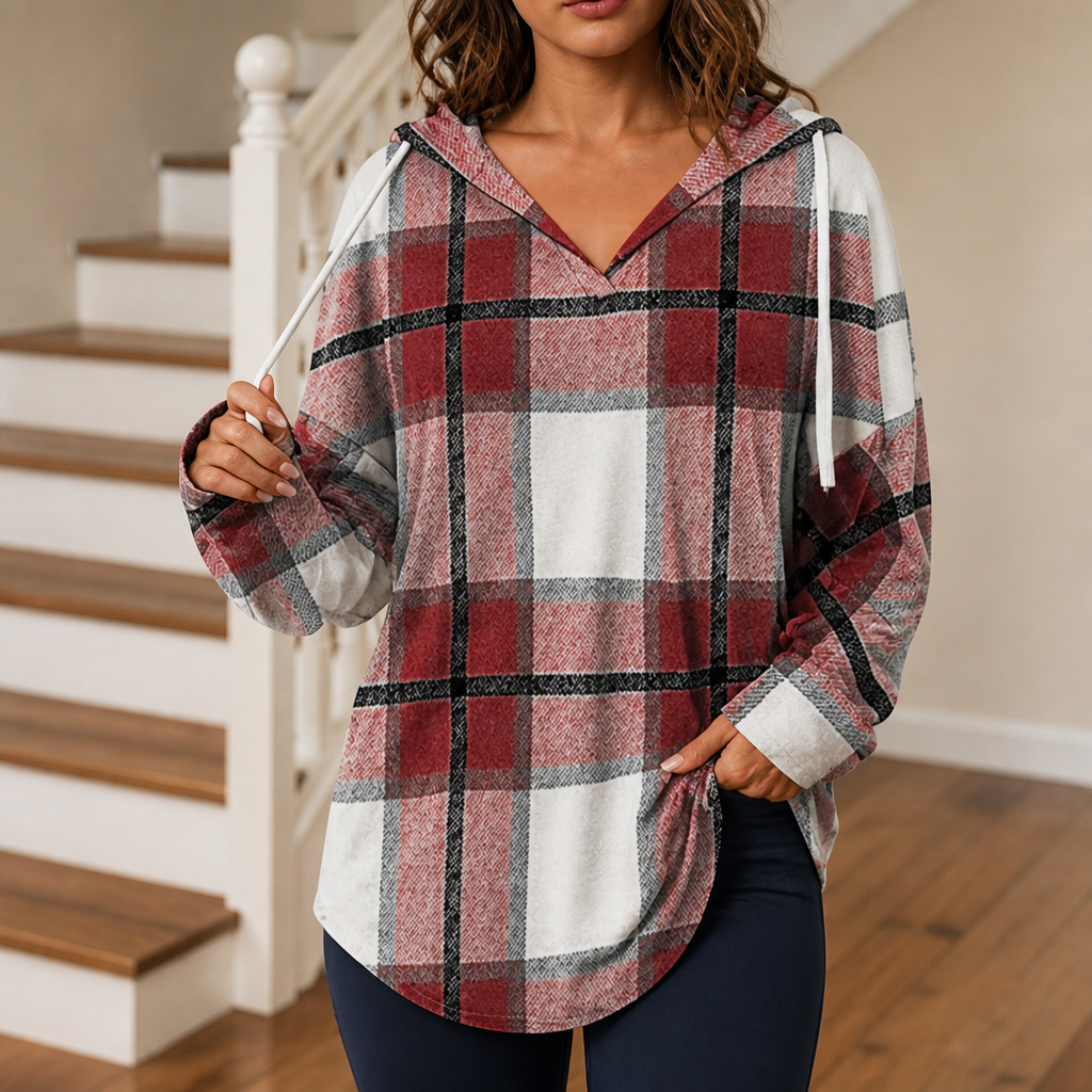 Drawstring V-Neck Hooded Plaid Top