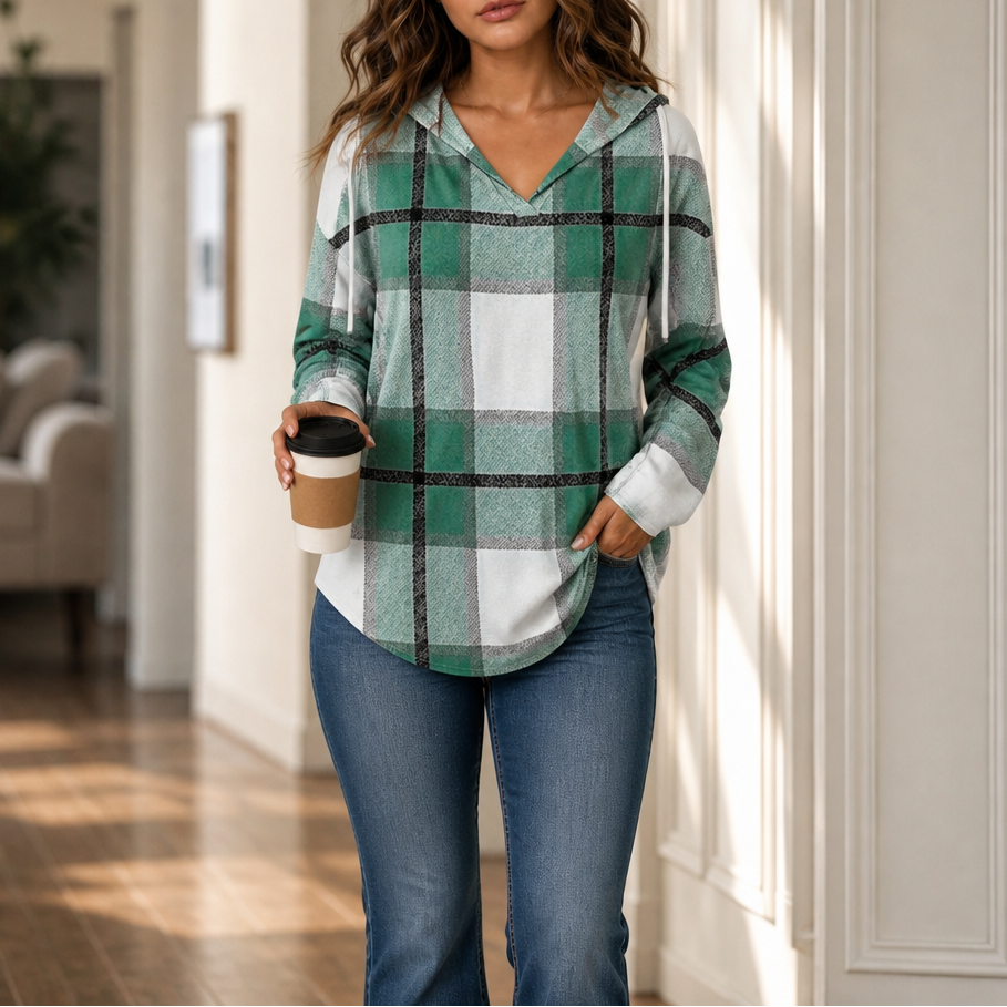 Drawstring V-Neck Hooded Plaid Top