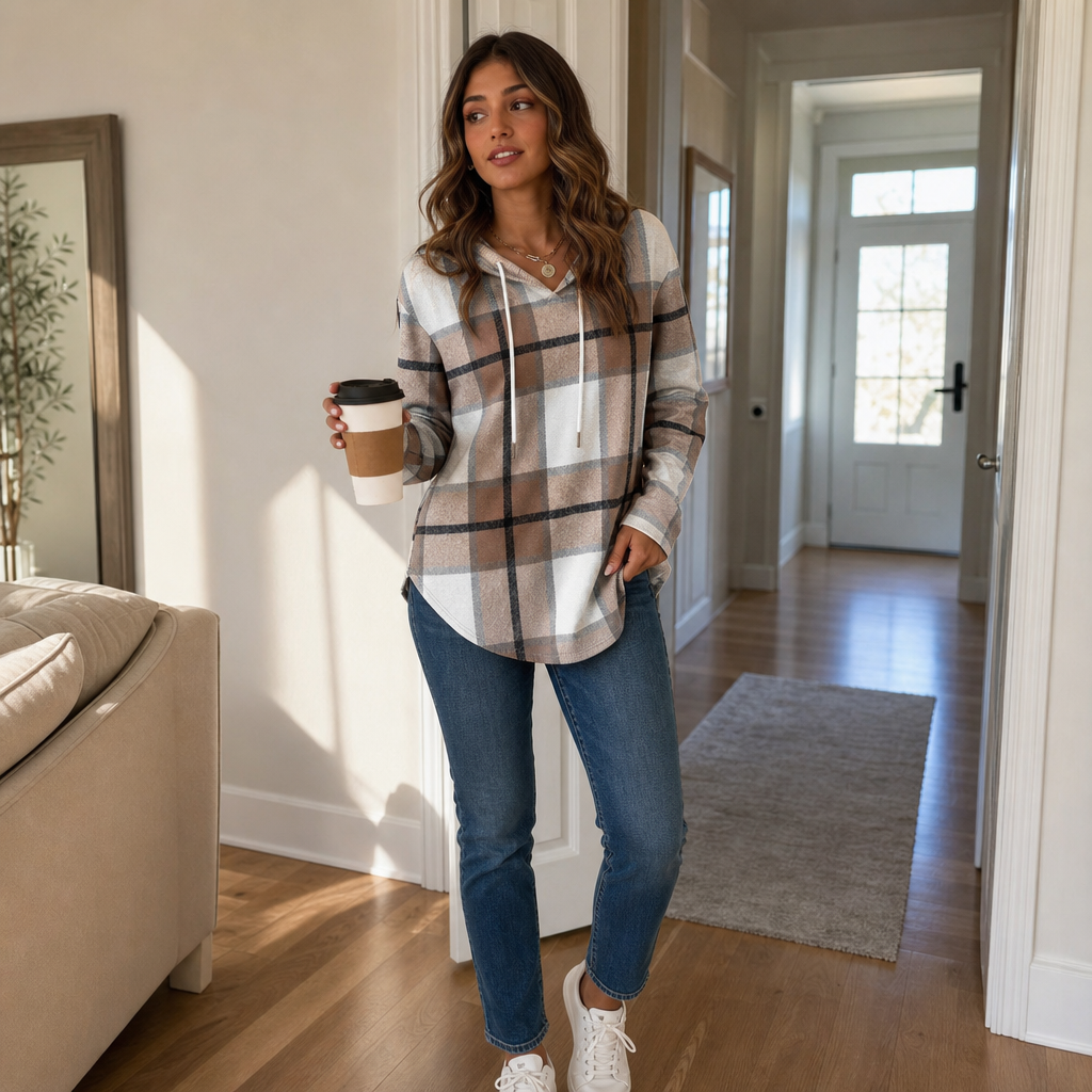 Drawstring V-Neck Hooded Plaid Top