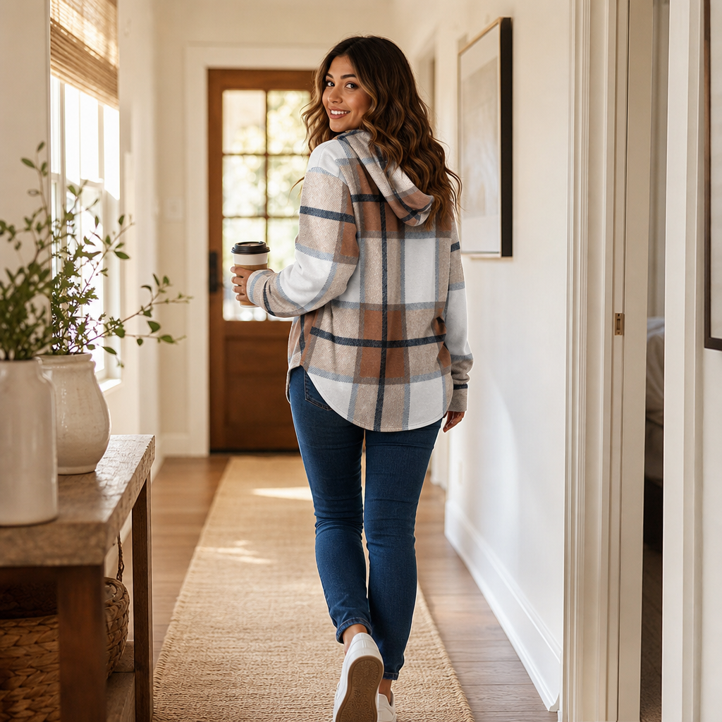 Drawstring V-Neck Hooded Plaid Top