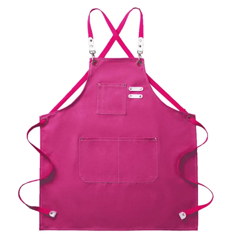 Tablier utilitaire durable en toile, dos croisé, avec finitions et poches en cuir, pour chef, barbecue et atelier