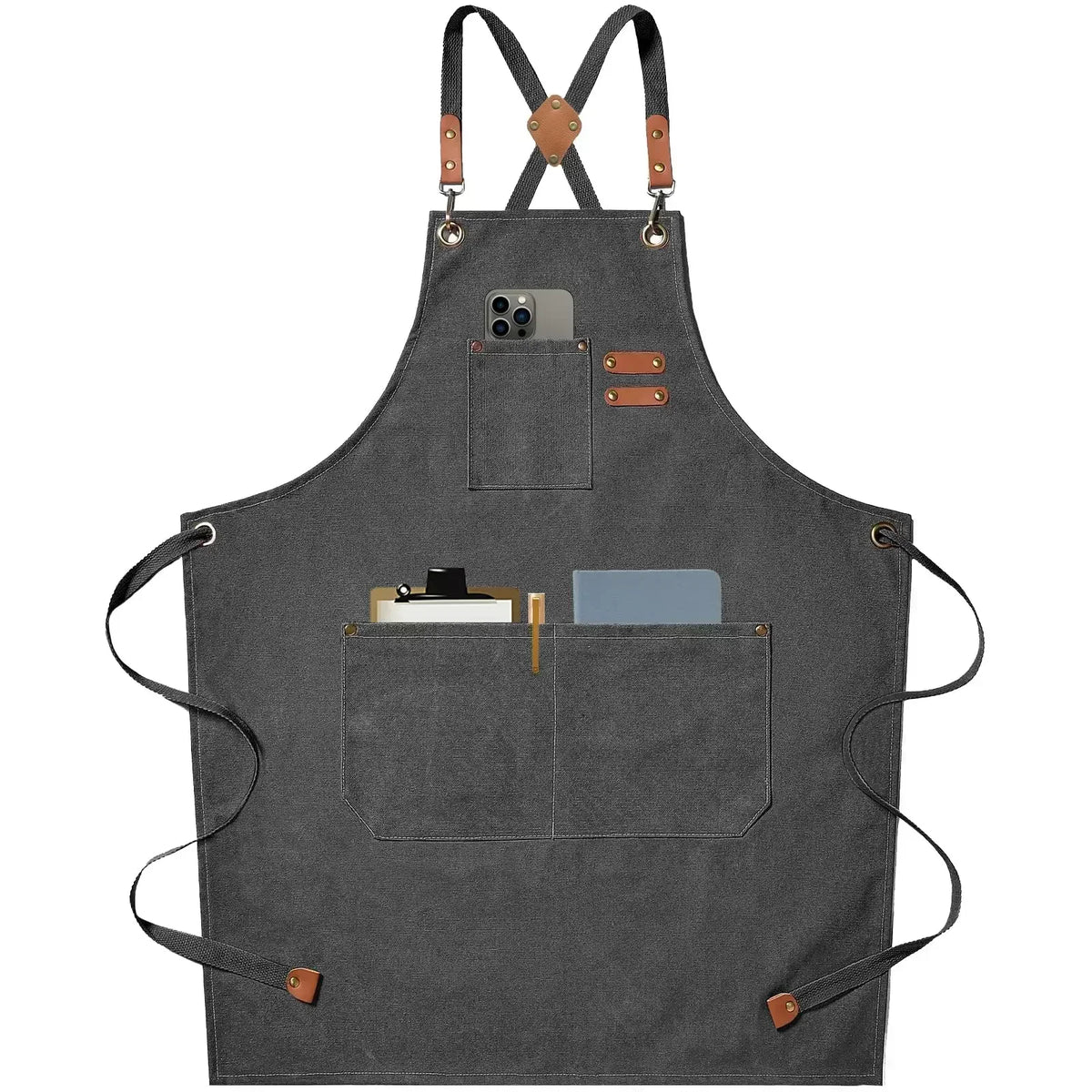 Tablier utilitaire durable en toile, dos croisé, avec finitions et poches en cuir, pour chef, barbecue et atelier