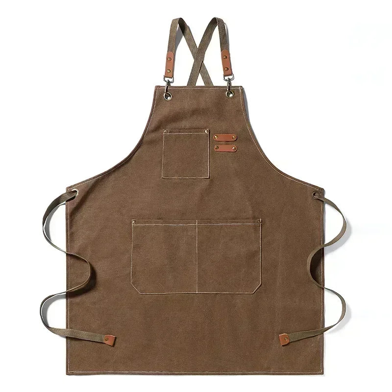 Tablier utilitaire durable en toile, dos croisé, avec finitions et poches en cuir, pour chef, barbecue et atelier
