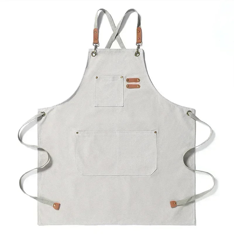Tablier utilitaire durable en toile, dos croisé, avec finitions et poches en cuir, pour chef, barbecue et atelier