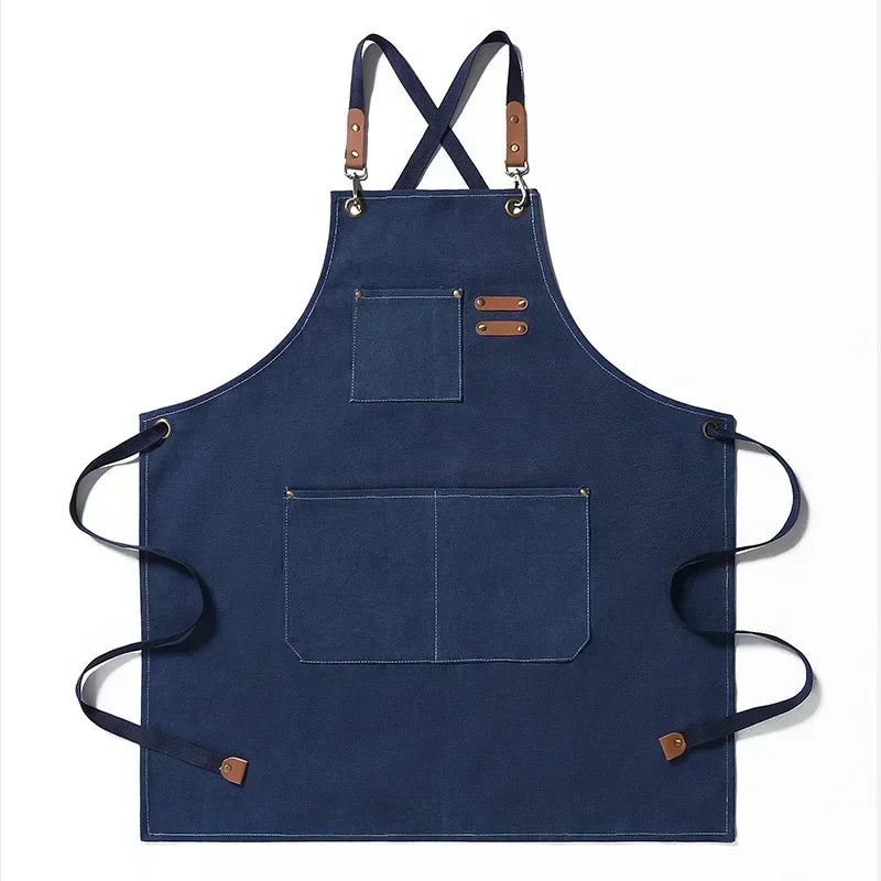 Tablier utilitaire durable en toile, dos croisé, avec finitions et poches en cuir, pour chef, barbecue et atelier