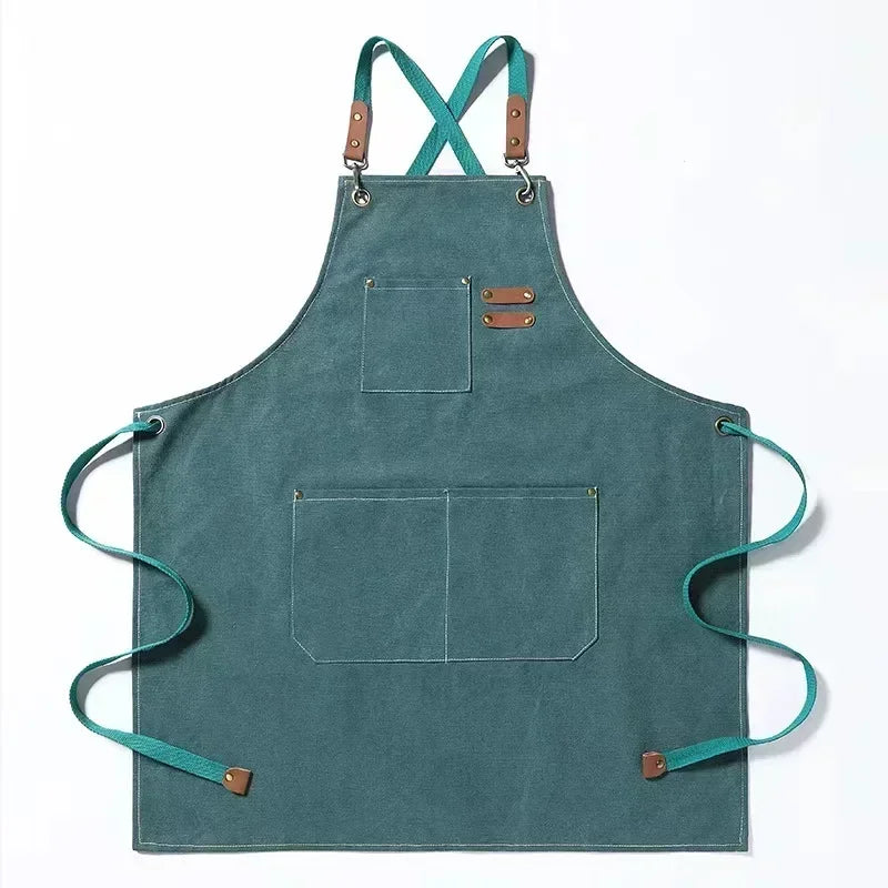 Tablier utilitaire durable en toile, dos croisé, avec finitions et poches en cuir, pour chef, barbecue et atelier