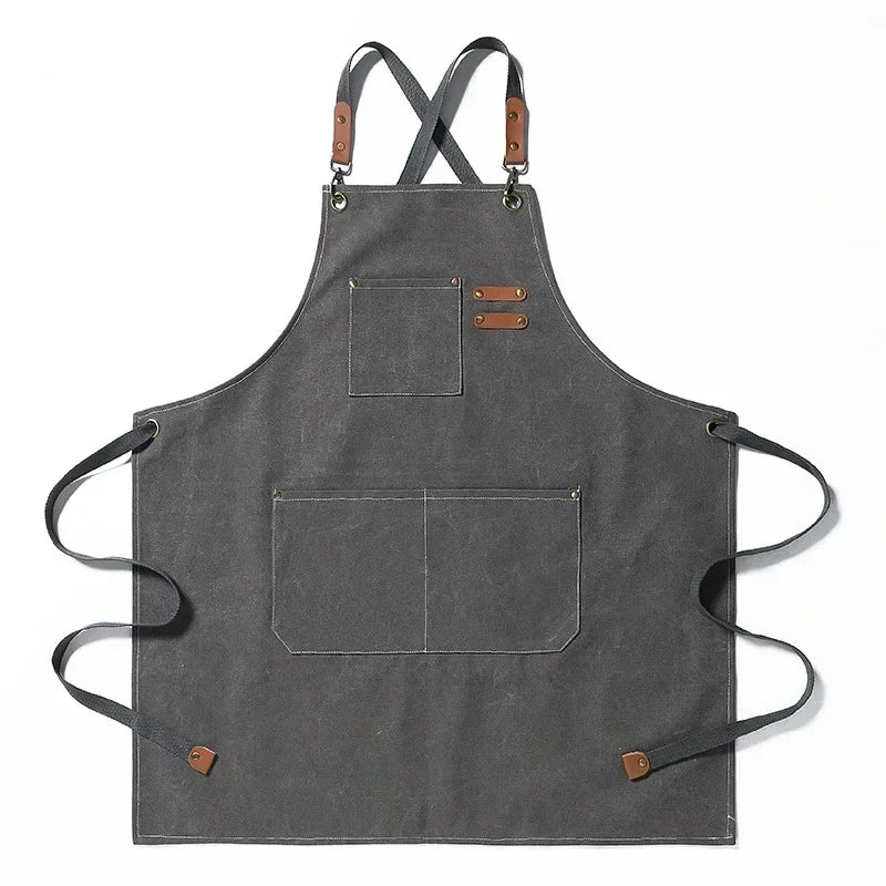 Tablier utilitaire durable en toile, dos croisé, avec finitions et poches en cuir, pour chef, barbecue et atelier