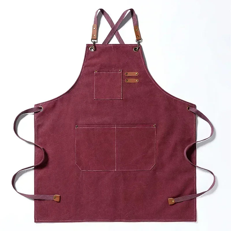 Tablier utilitaire durable en toile, dos croisé, avec finitions et poches en cuir, pour chef, barbecue et atelier