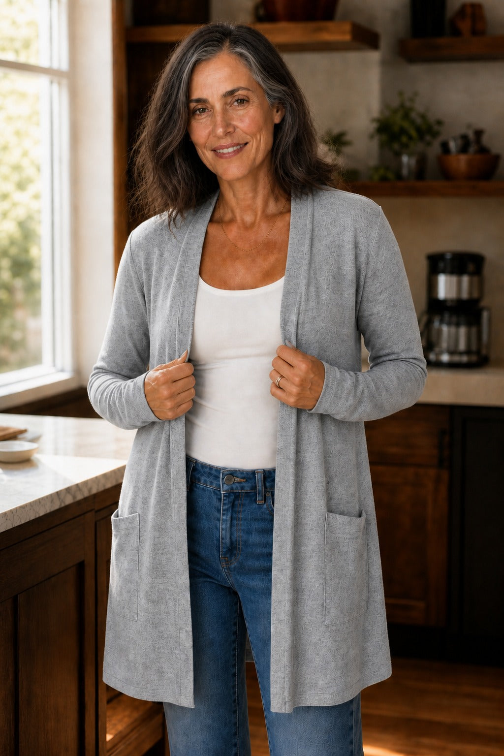 Eyelet Waterfall Open-Front Cardigan