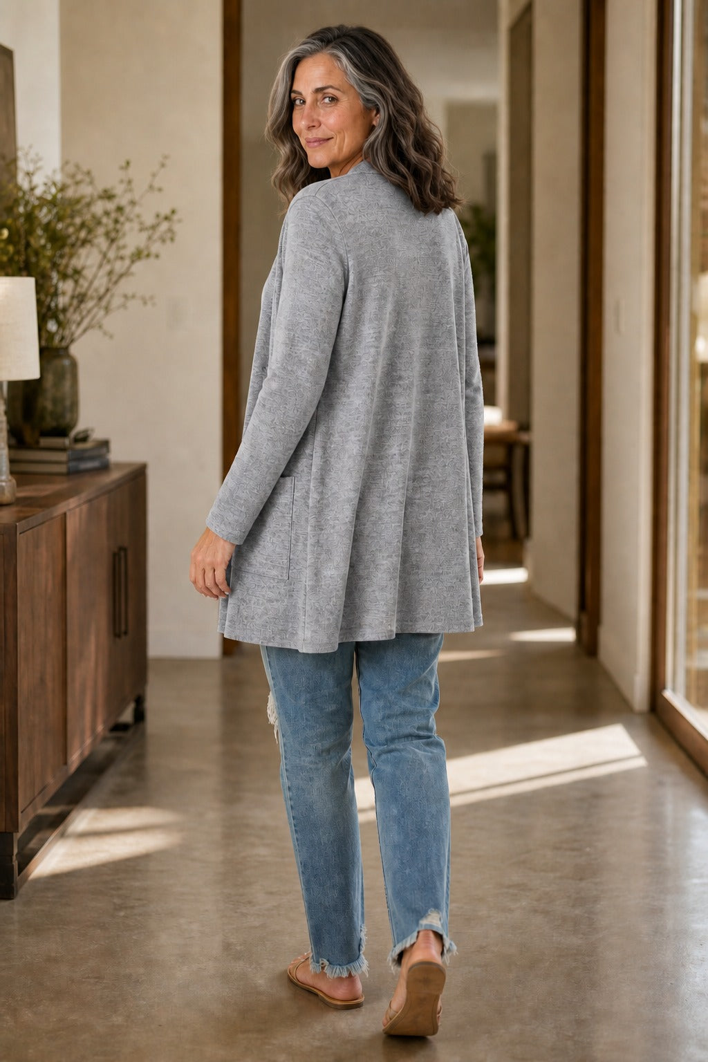 Eyelet Waterfall Open-Front Cardigan