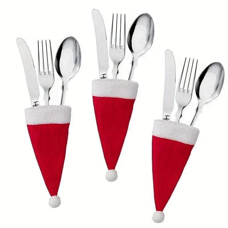 Felt Santa Hat Cutlery Holders with Pom-Poms - Christmas Table Decoration Set