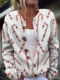 Festive Candy Cane Pattern Buttoned Cardigan Sweater
