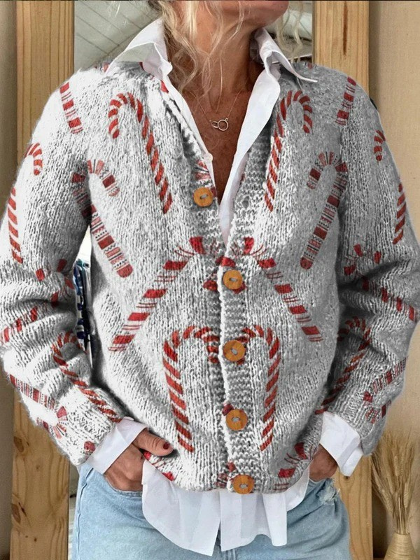 Festive Candy Cane Pattern Buttoned Cardigan Sweater