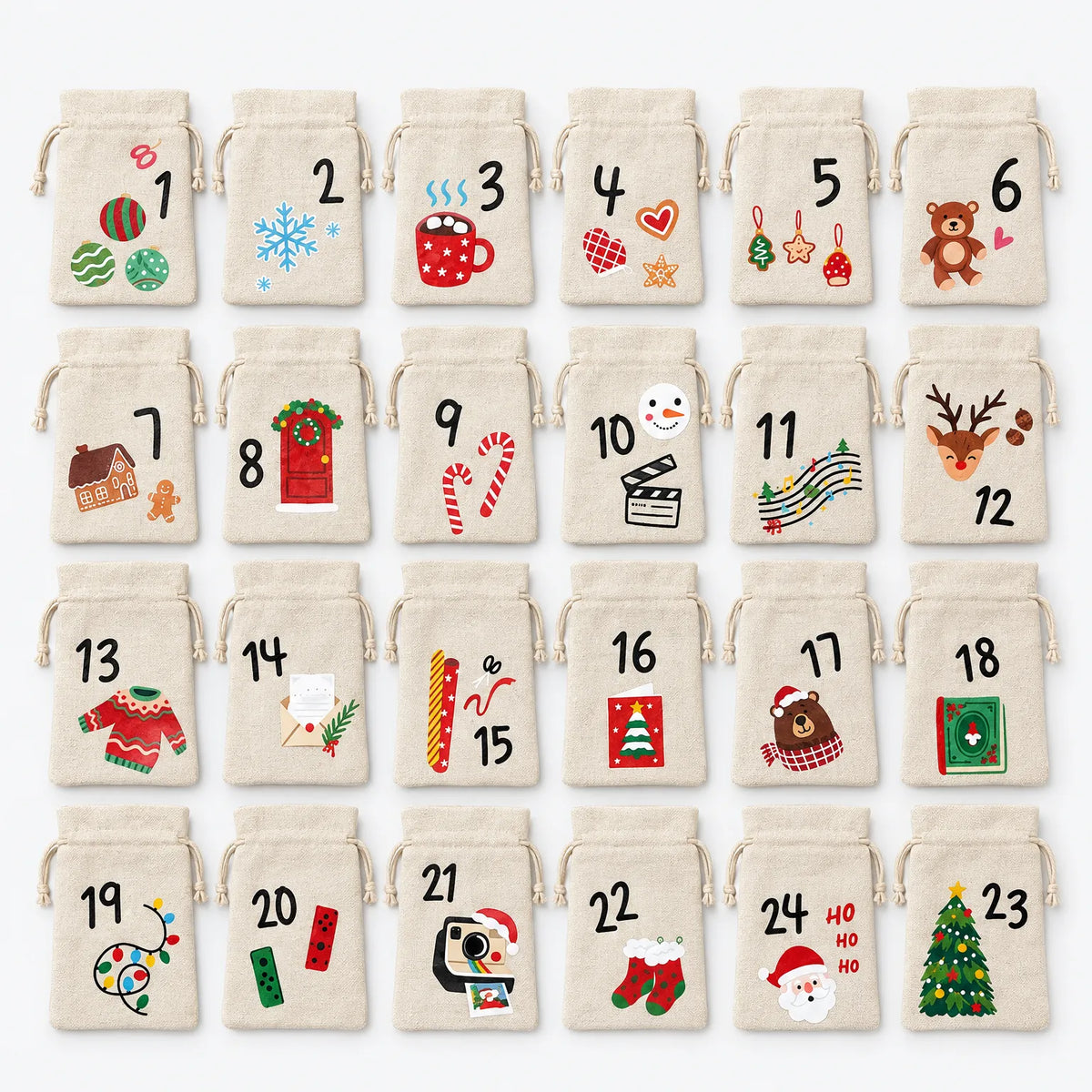 Fillable Advent Calendar Bags – 24 Reusable Fabric Drawstring Pouches with Numbers, 15 x 10 cm