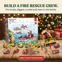 Calendrier de l’Avent en briques de construction sur les secours incendie et le chantier, mini-véhicules et camion-grue