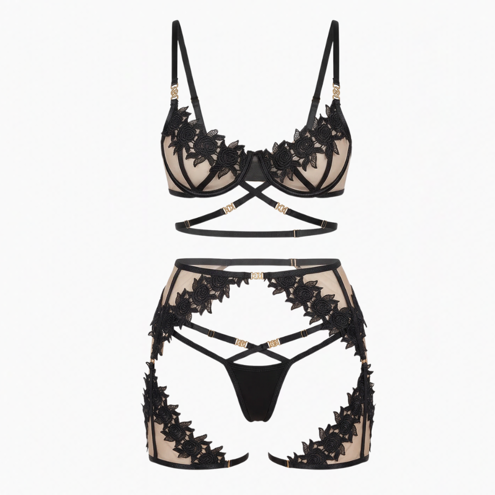 Ensemble de lingerie 3 pièces en dentelle florale