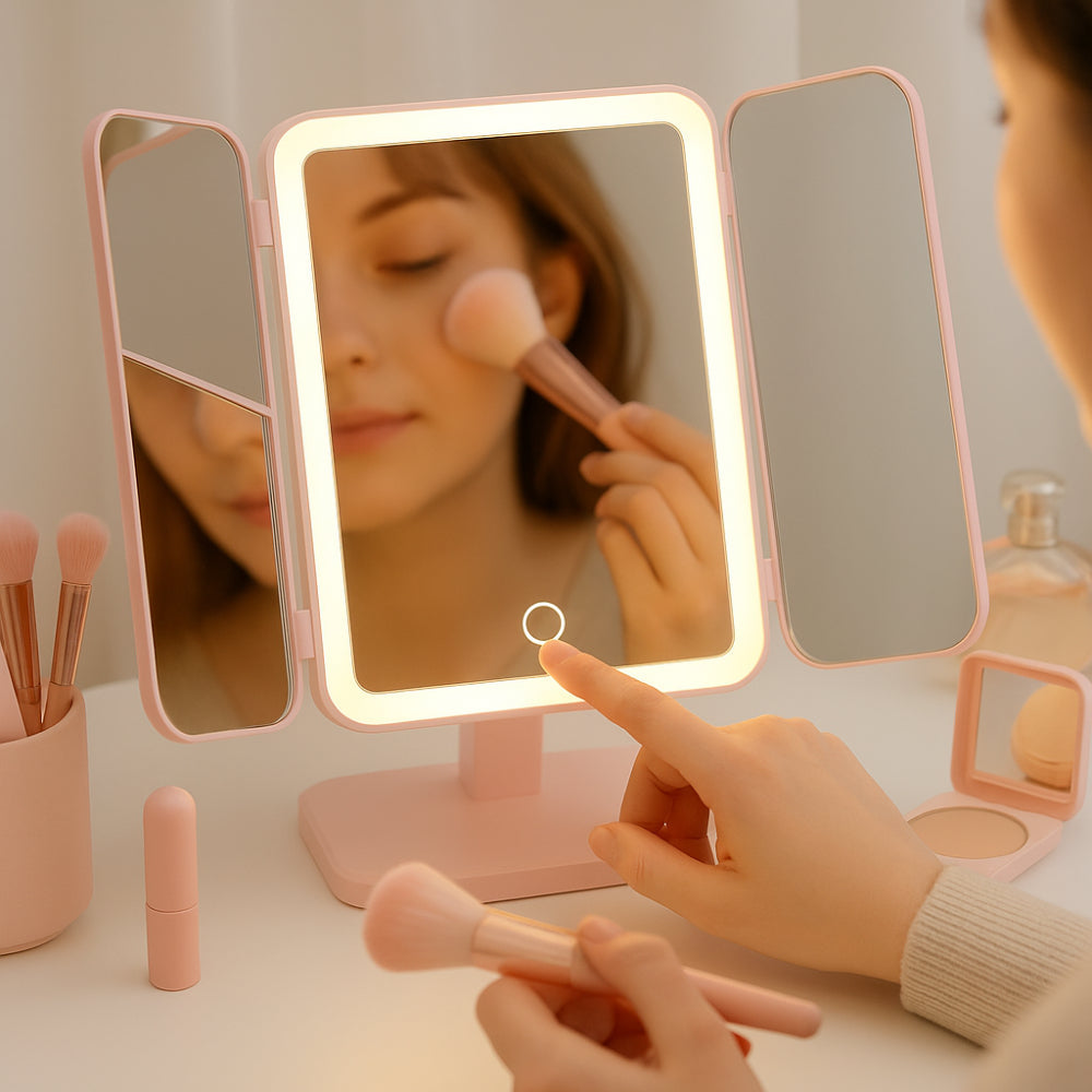 Foldable LED Vanity Makeup Mirror with Adjustable Lighting and Stand