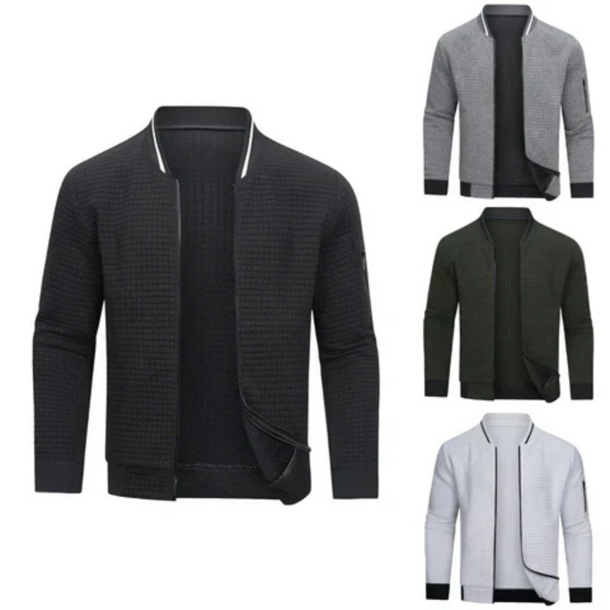 Full-Zip Textured Grid Cardigan
