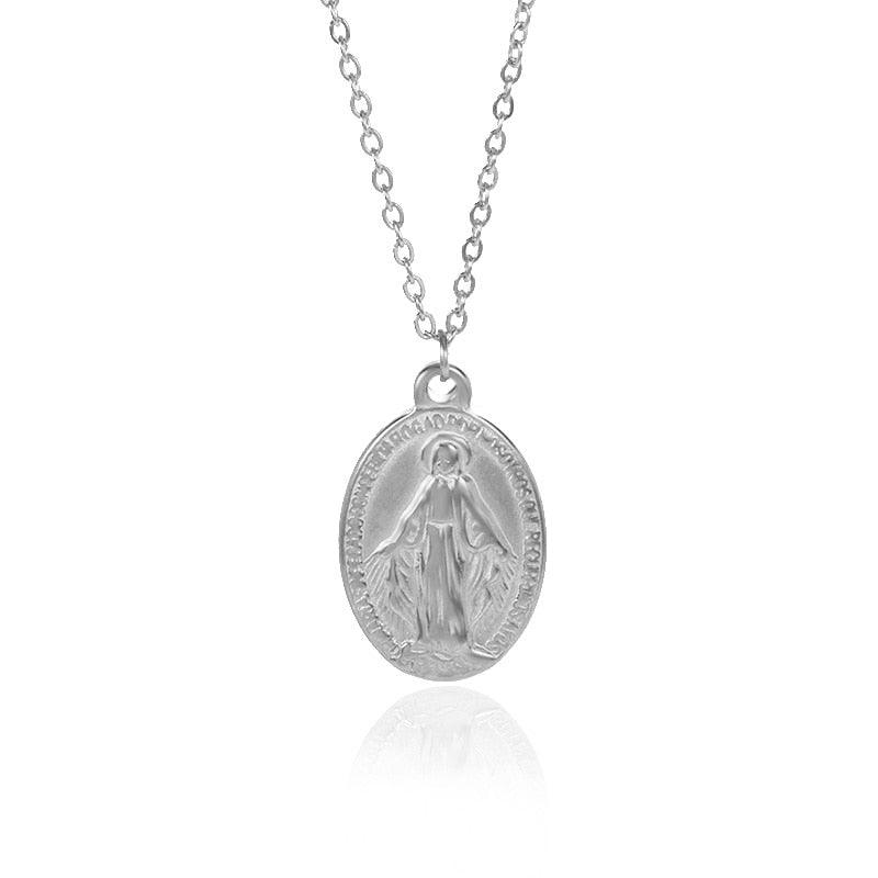 Collier avec pendentif Vierge Marie plat plaqué or et argent