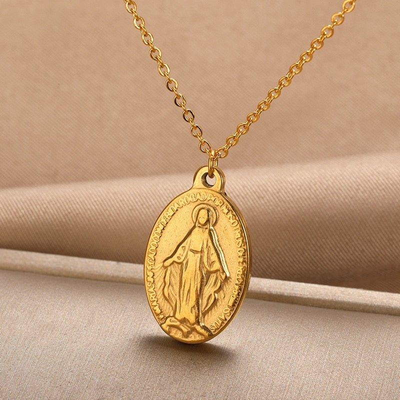 Collier avec pendentif Vierge Marie plat plaqué or et argent