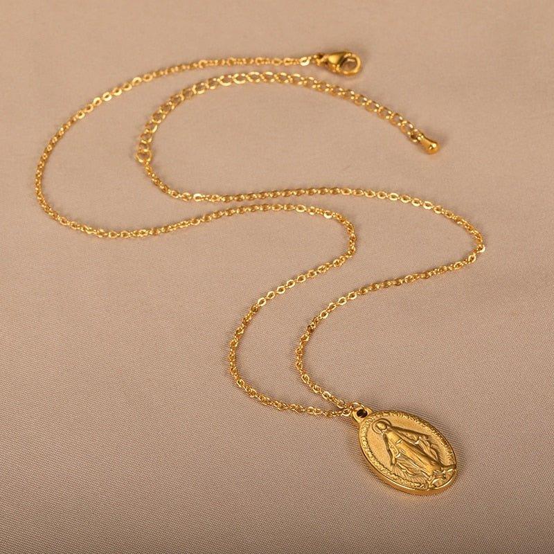 Collier avec pendentif Vierge Marie plat plaqué or et argent