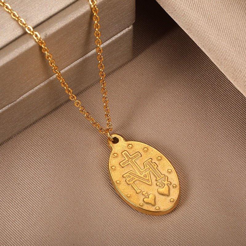 Collier avec pendentif Vierge Marie plat plaqué or et argent
