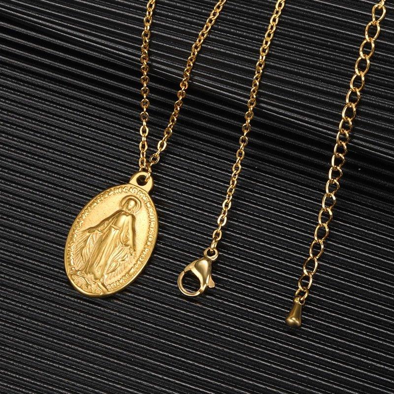 Collier avec pendentif Vierge Marie plat plaqué or et argent