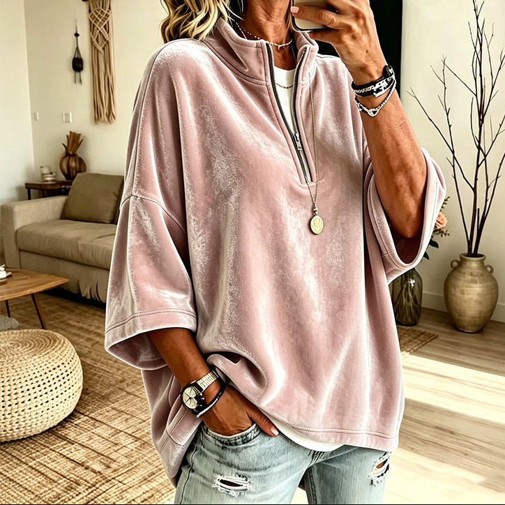 Half-Zip Funnel Neck Velour Pullover