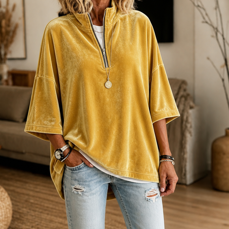 Half-Zip Funnel Neck Velour Pullover