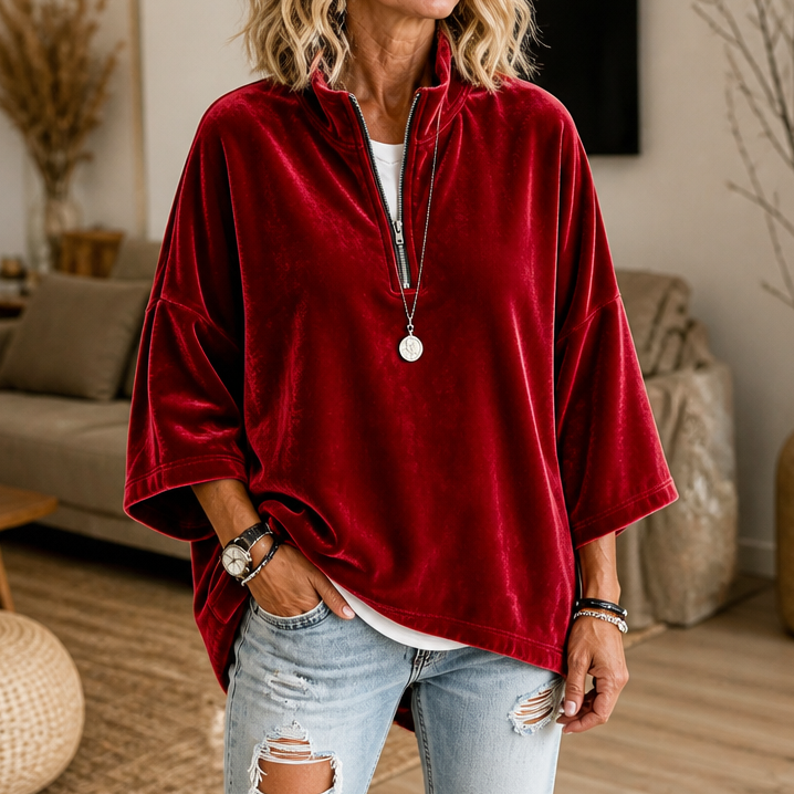 Half-Zip Funnel Neck Velour Pullover