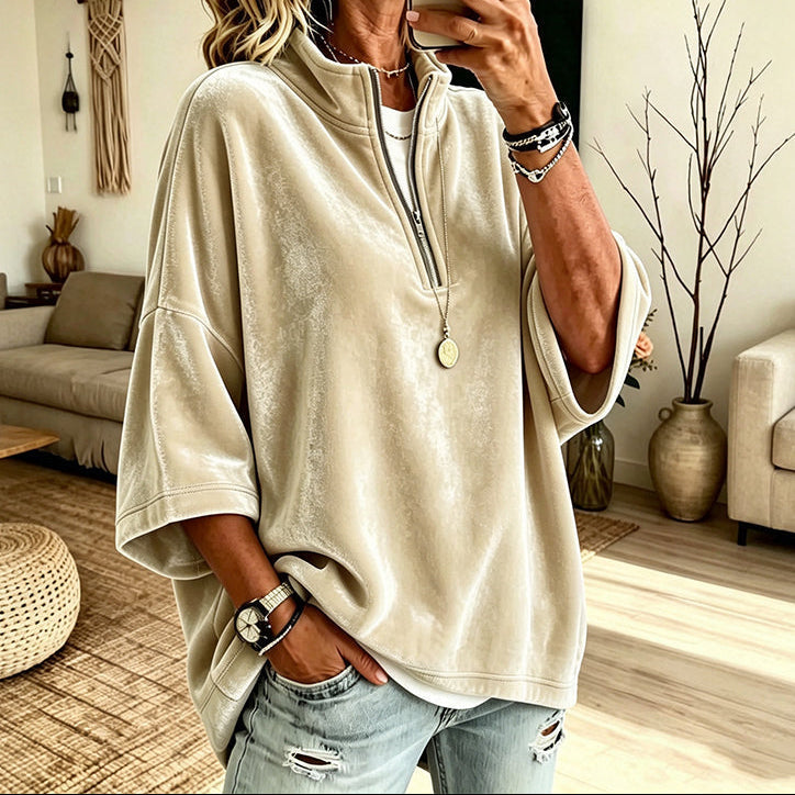 Half-Zip Funnel Neck Velour Pullover