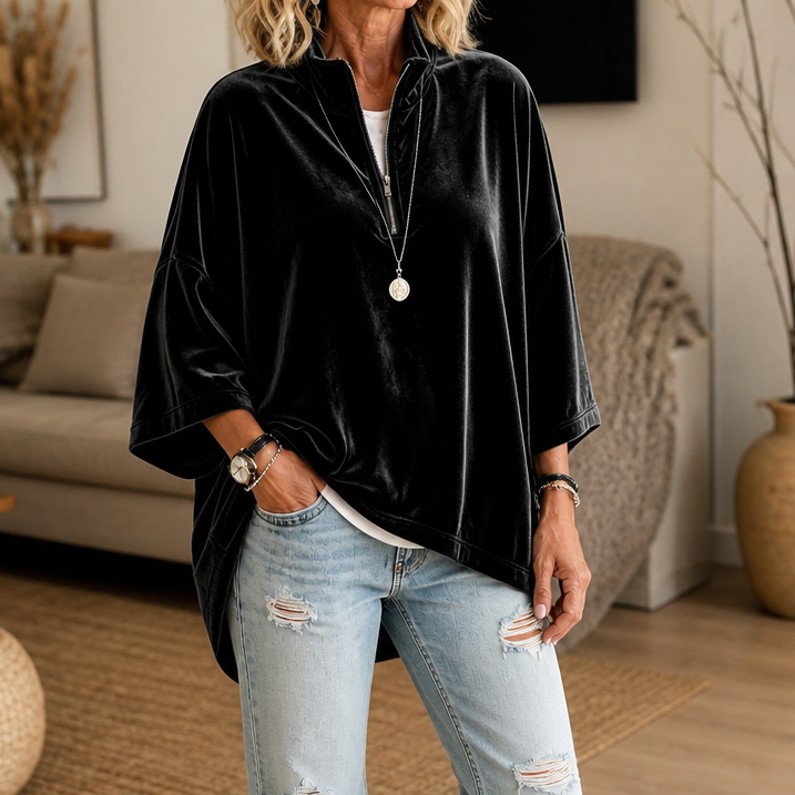 Half-Zip Funnel Neck Velour Pullover